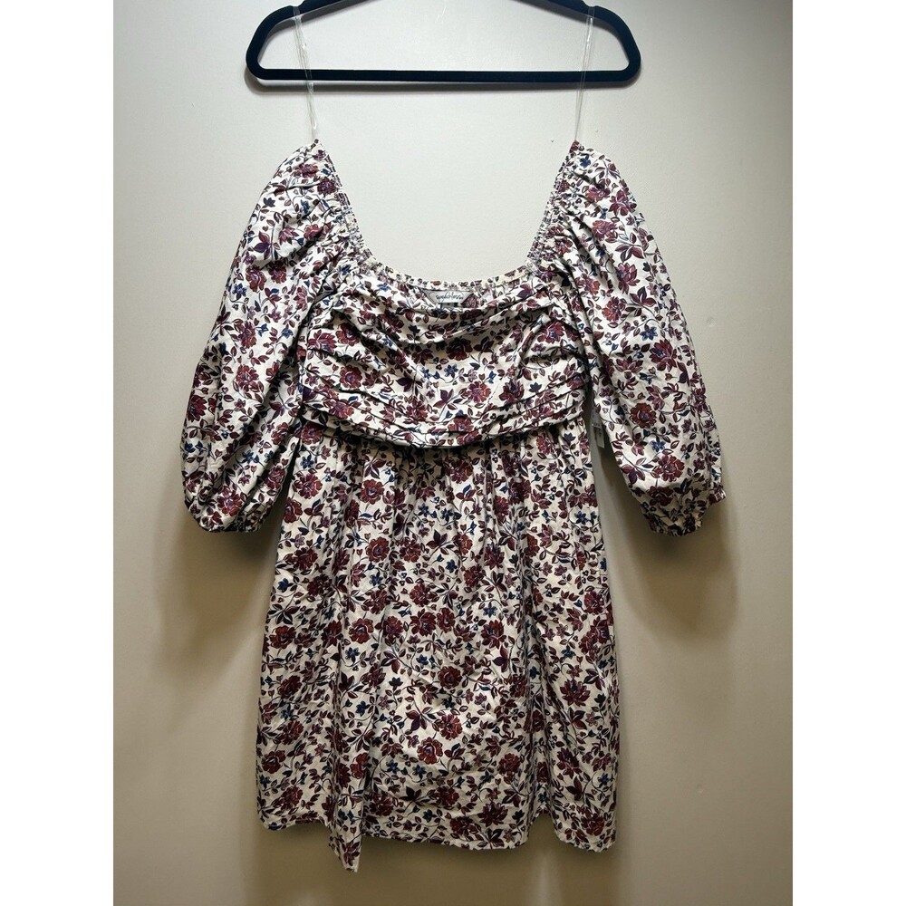 Cottagecore Rustic Boho Rust Ivory Floral Romantic Puff Sleeve Mini Pockets